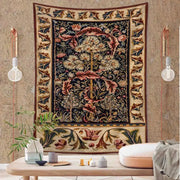 Decorbites abstract flowers tapestry wall hanging with intricate floral and tree design in navy and cream tones