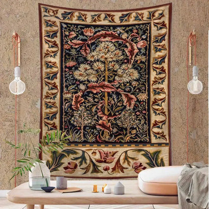 Decorbites abstract flowers tapestry wall hanging with intricate floral and tree design in navy and cream tones