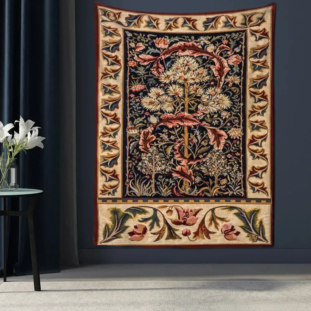 An ornate dark blue decorbites abstract flowers leaves tapestry with cream pink and gold floral patterns for wall hanging