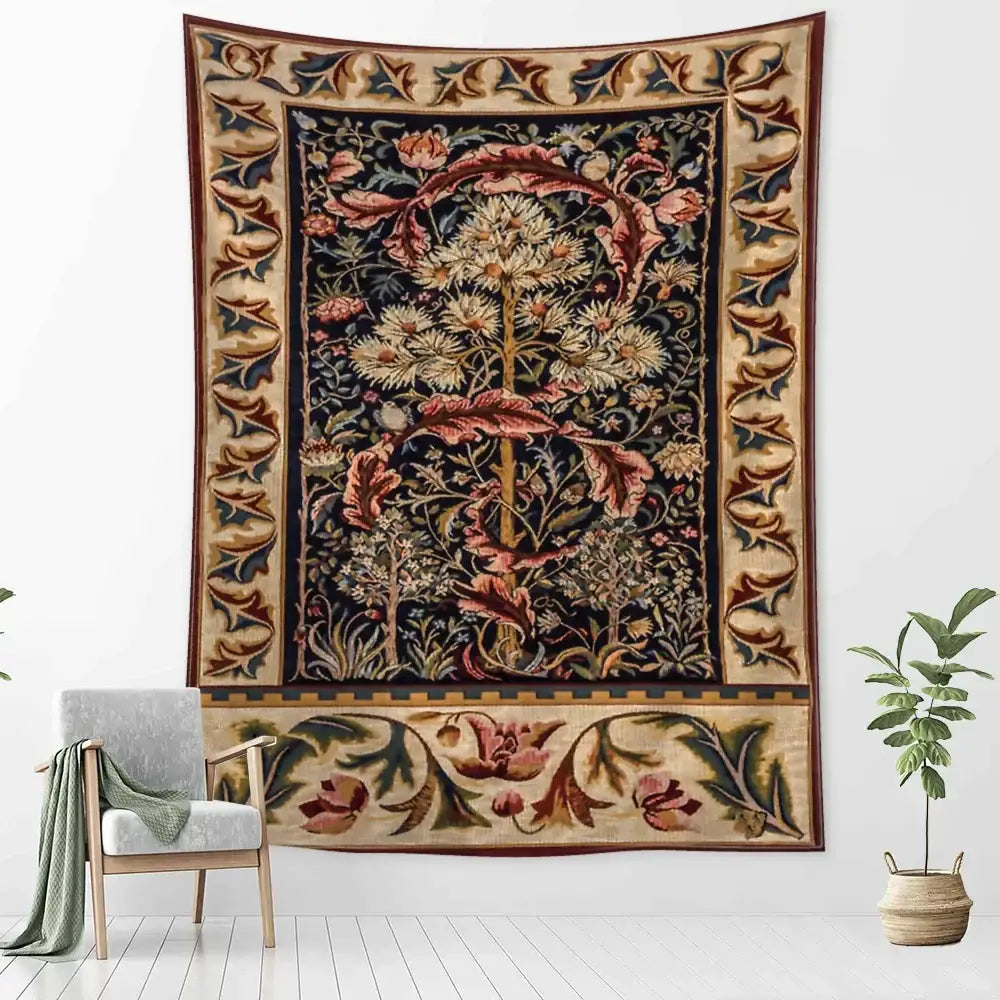 Decorbites abstract flowers leaves tapestry wall hanging with navy burgundy cream floral motif and ornate beige green borders