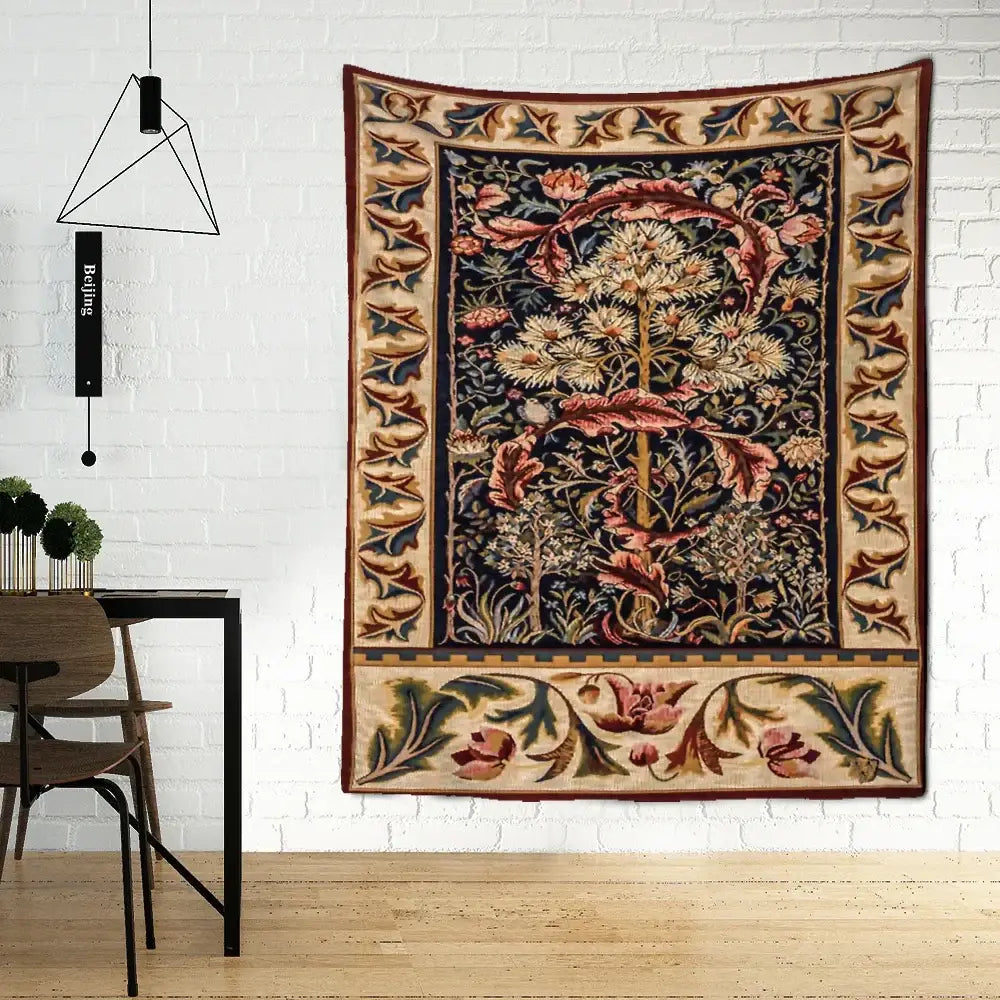 DecorBites abstract flowers tapestry wall hanging with dark blue base and intricate pink, cream, green, and gold floral patterns