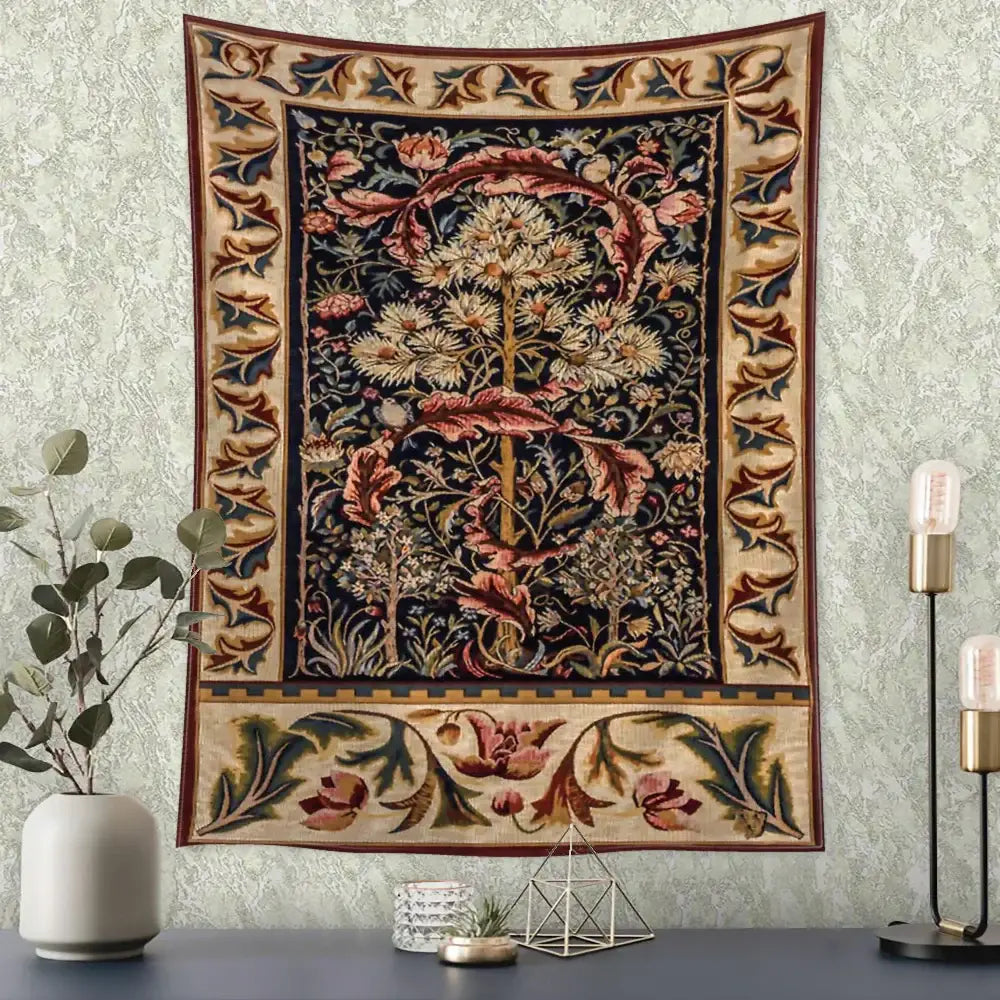 Decorbites abstract flowers tapestry wall hanging with intricate floral design in navy burgundy and cream tones for bohemian decor