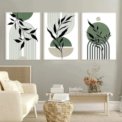 Abstract Green Plants Wall Art Trio - Posters