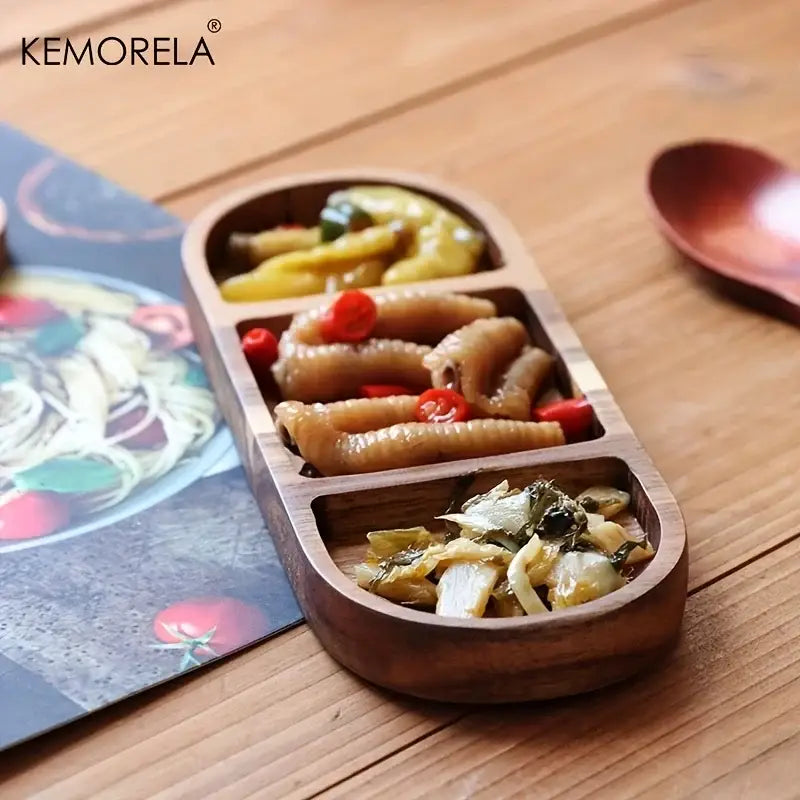 Decorbites acacia wood oval three-compartment dip plate in sleek dark brown with smooth finish and rounded edges