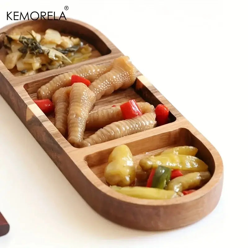 Kemorela acacia wood oval three-compartment dip plate with pickled foods for serving and decorbites breakfast use