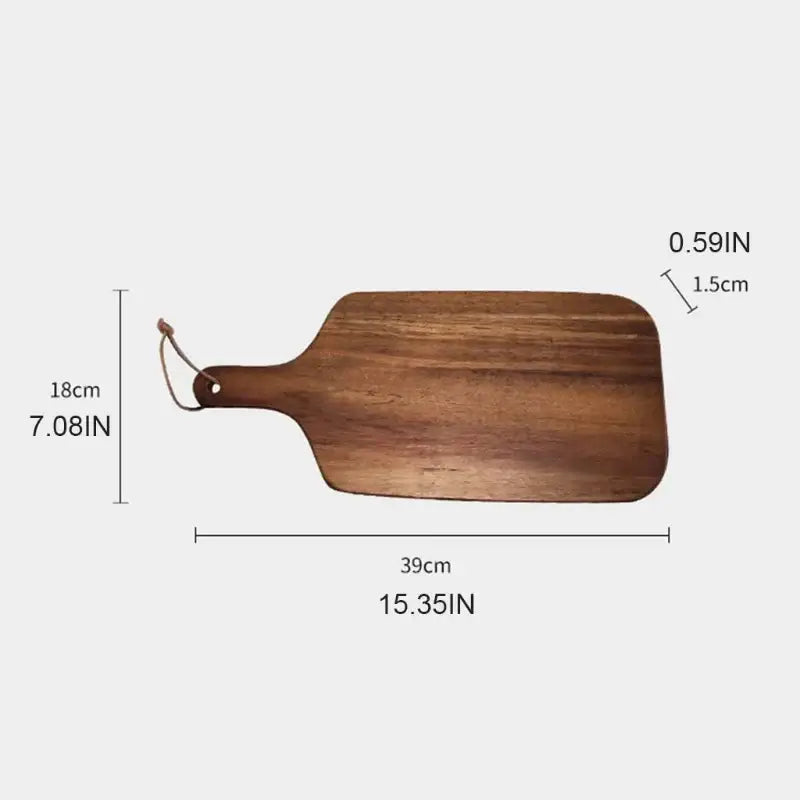 A sleek dark brown acacia wooden chopping block with smooth finish and rounded edges for versatile kitchen use