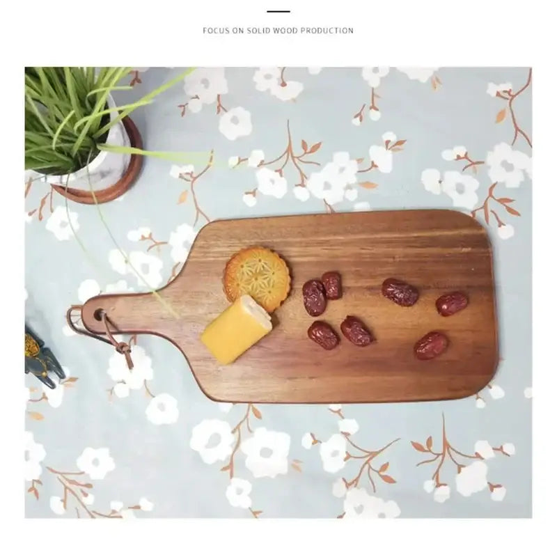 Decorbites acacia wooden chopping block medium brown wood with smooth finish and leather tie handle for kitchen use