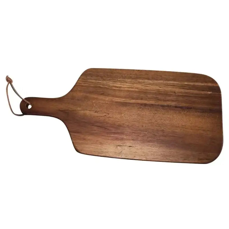 A sleek dark brown decorbites acacia wooden chopping block with smooth finish and rounded edges for versatile use