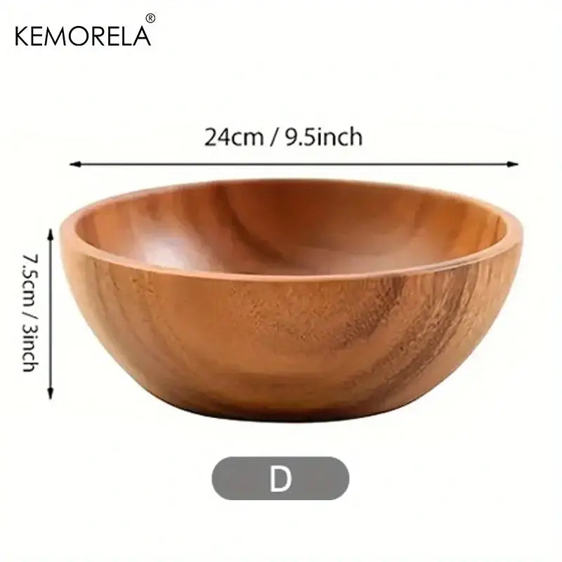A smooth medium-brown acacia wooden salad bowl with natural grain finish and rounded edges for fruit and vegetables