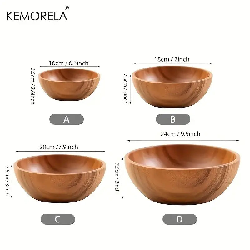 Set of four smooth finished acacia wooden salad bowls in natural brown tones with distinct grain patterns for serving
