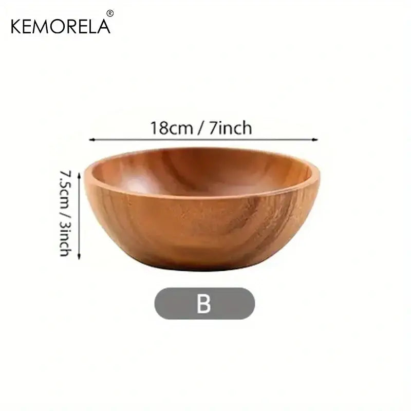 A smooth light brown acacia wooden salad bowl with natural grain and rounded edges ideal for fruit and vegetables