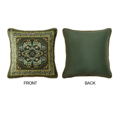 Olive green velvet accent pillow case with intricate embroidered floral design and gold-trimmed border by decorbites