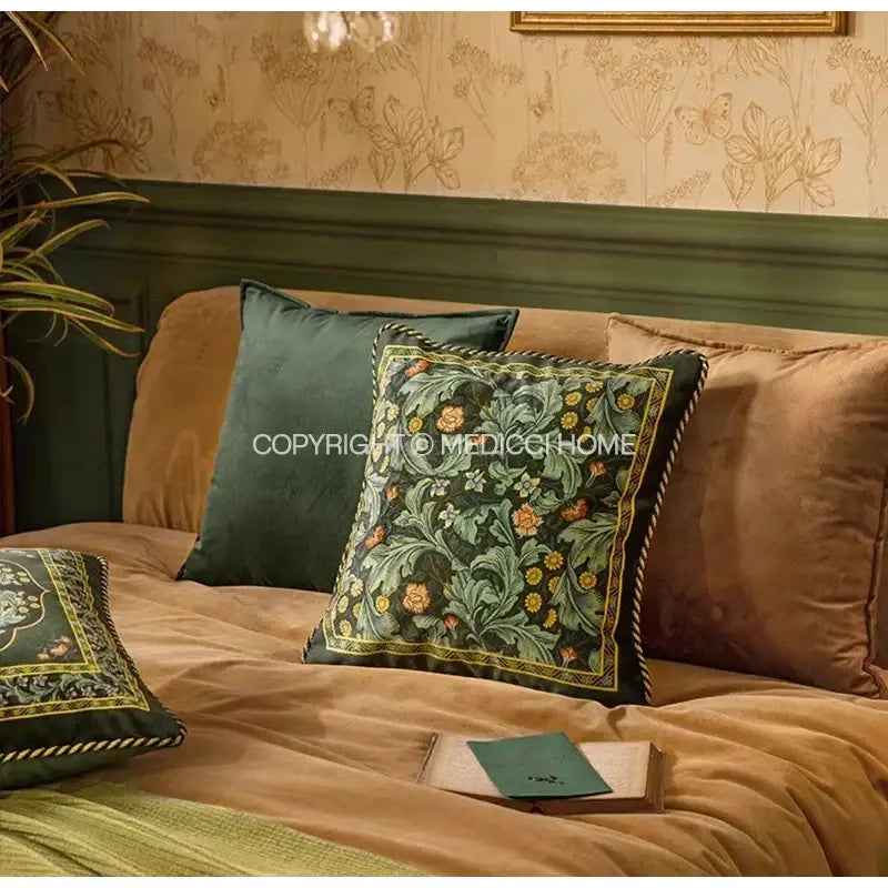 Decorbites™ acanthus scroll leaves velvet accent pillow case with intricate floral embroidery in emerald green and gold tones