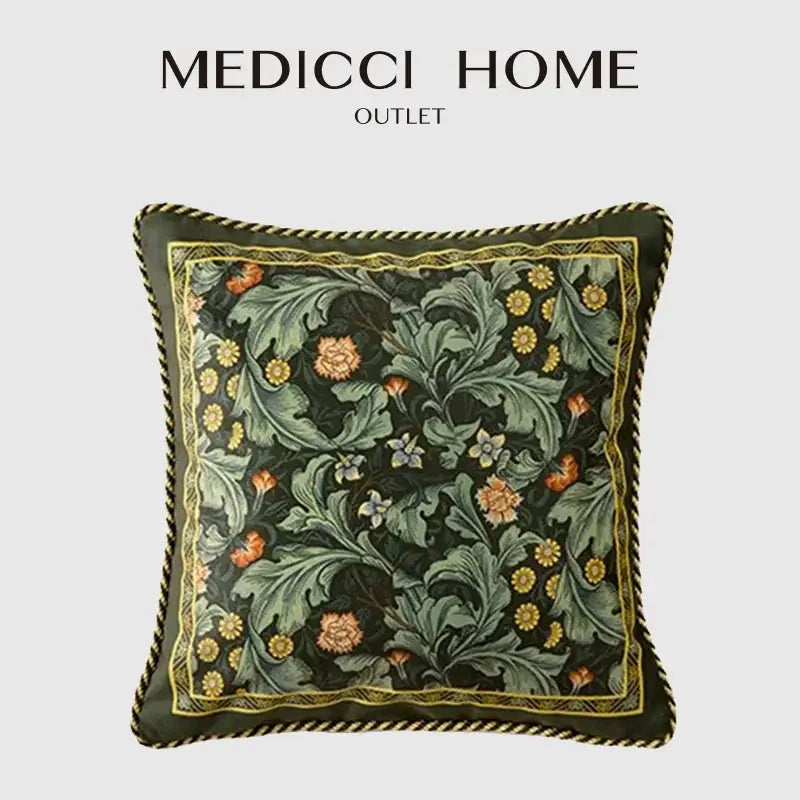 Decorbites acanthus scroll leaves velvet accent pillow case with intricate green orange floral pattern and gold braided edge