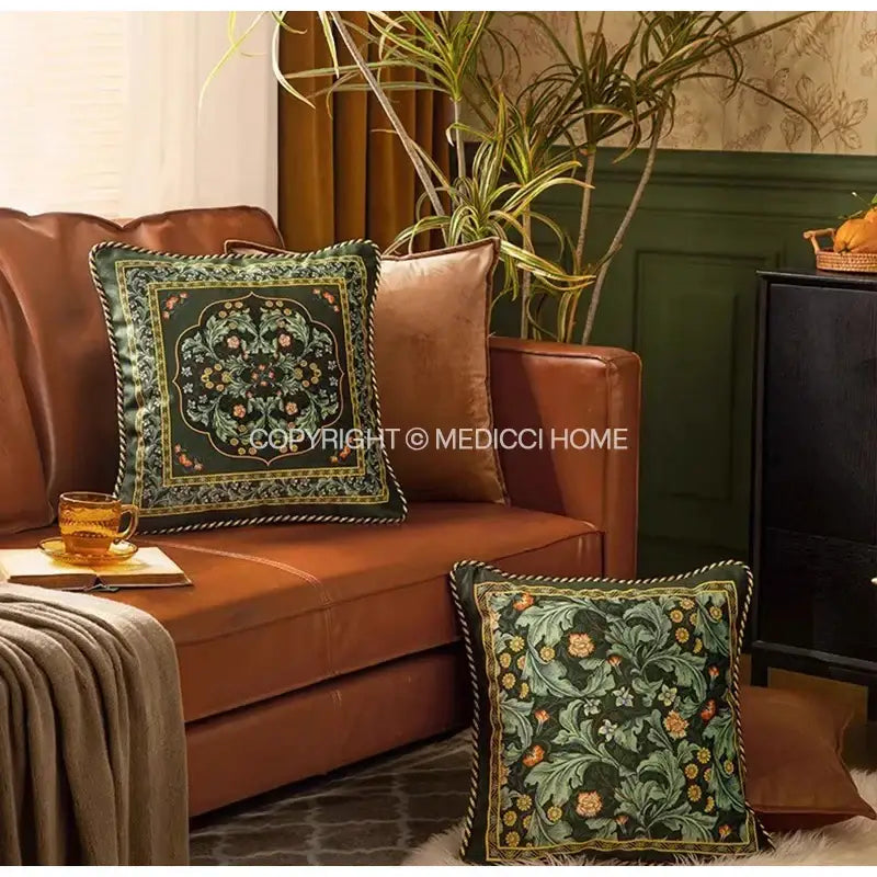 Decorbites™ acanthus scroll leaves velvet accent pillow case in vintage emerald green with embroidered floral patterns and gold trim