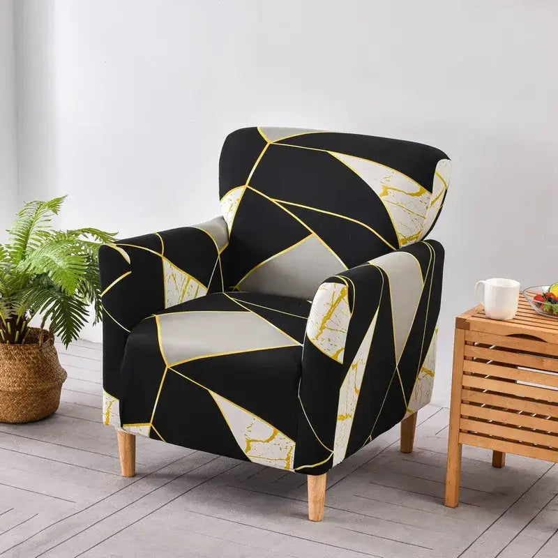 Decorbites™ accent chair cover slipcover with black white and gold geometric pattern made of stretchy fabric