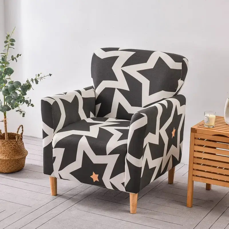 Decorbites accent chair cover slipcover in black and white star pattern with orange seat accent stretch fabric