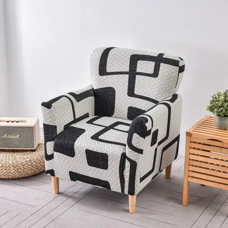 DecorBites™ black and white geometric accent chair cover slipcover with woven texture fits snugly over light wood legs