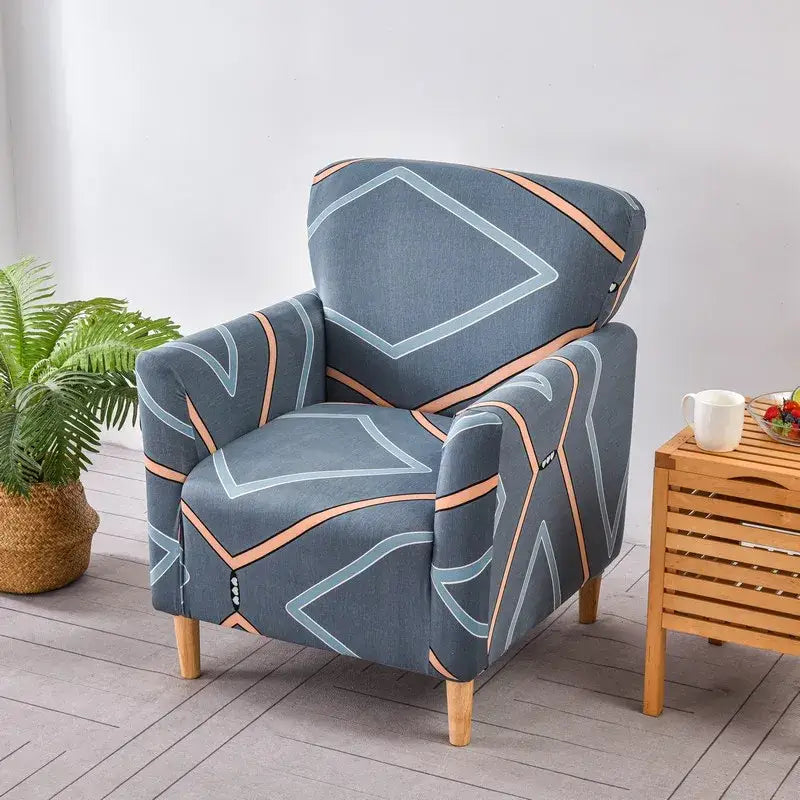 DecorBites™ blue accent chair cover slipcover with geometric pattern in light blue and peach tones stretch fabric