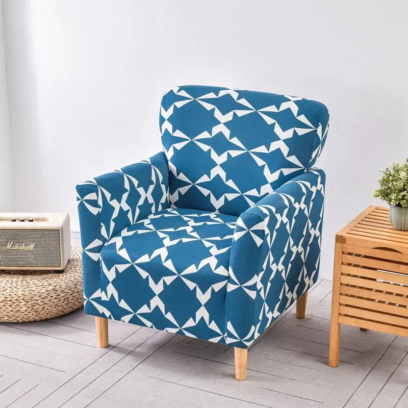 Decorbites accent chair cover slipcover with blue and white geometric pattern for stretch sofa couch case