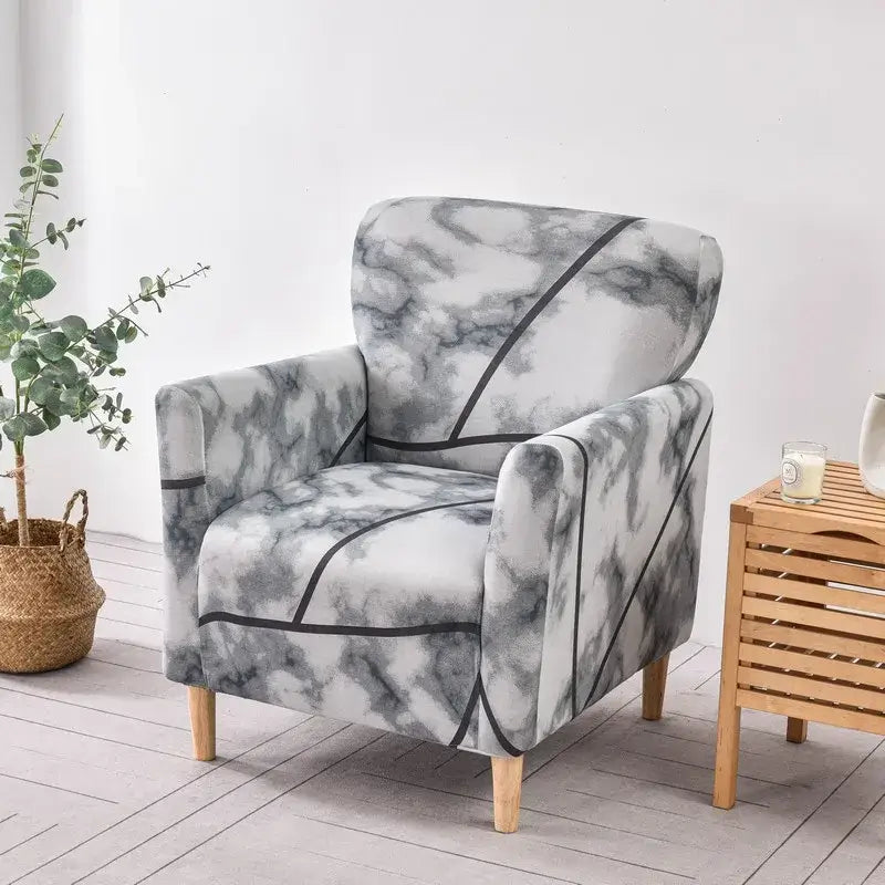 Decorbites™ gray and white marble-patterned accent chair cover slipcover with black accent stitching for sofa chairs