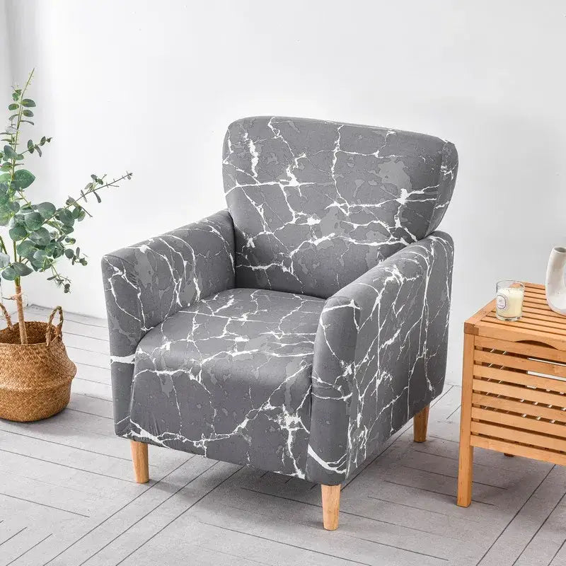 Gray accent chair covered with stretch fabric marble pattern chair cover slipcover from decorbites accent chair collection
