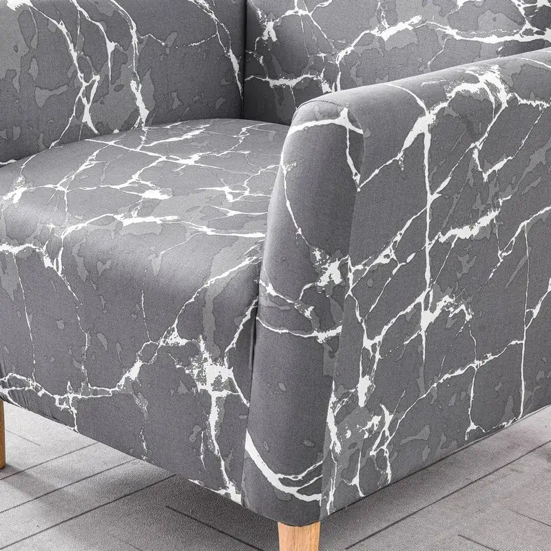 Gray accent chair with white marble-patterned fabric cover and light wooden legs for decorbites accent chair slipcover