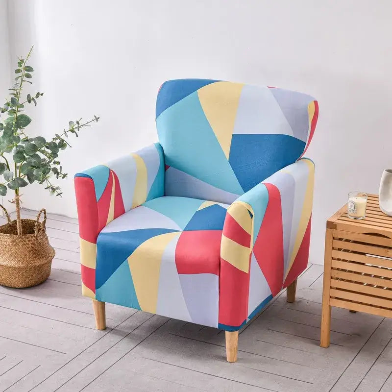 DecorBites™ accent chair cover slipcovers in vibrant blue red yellow and white geometric stretch fabric