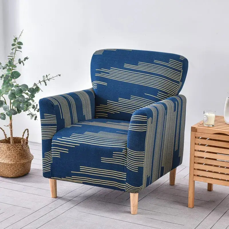 Blue accent chair with cream and beige geometric stripe textured fabric featuring DecorBites™ chair cover slipcovers