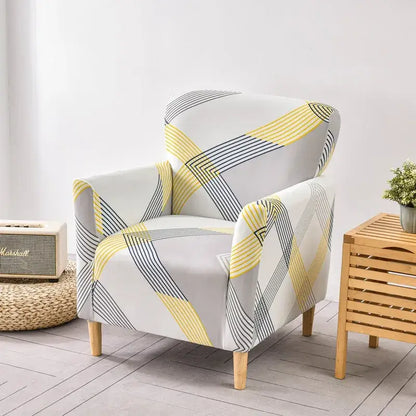 Modern accent chair with decorbites™ chair cover slipcovers in stretchy fabric featuring yellow navy blue stripes