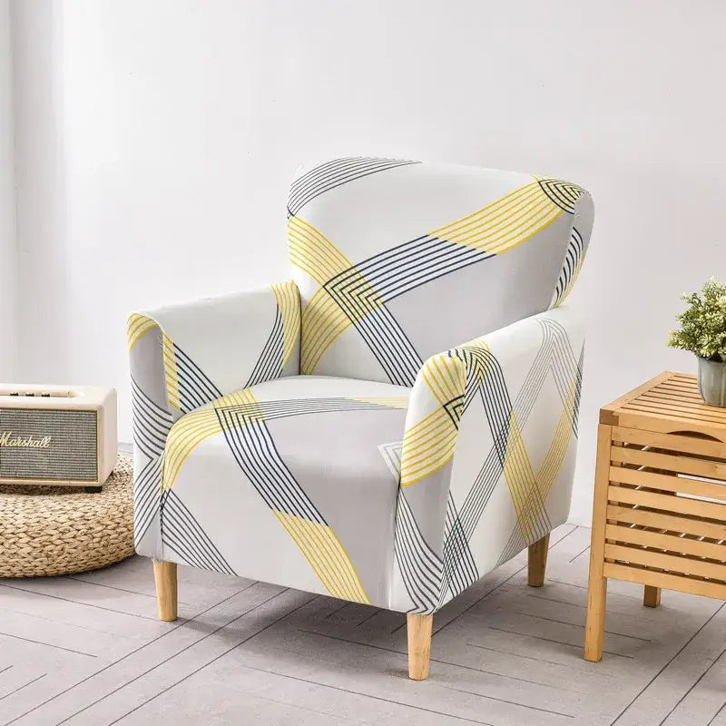 Modern accent chair with decorbites™ chair cover slipcovers in stretchy fabric featuring yellow navy blue stripes