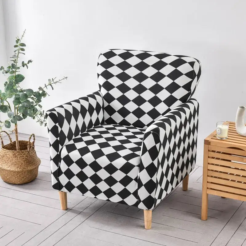 Black and white diamond-patterned DecorBites accent chair cover slipcover with stretch fabric for armchair protection