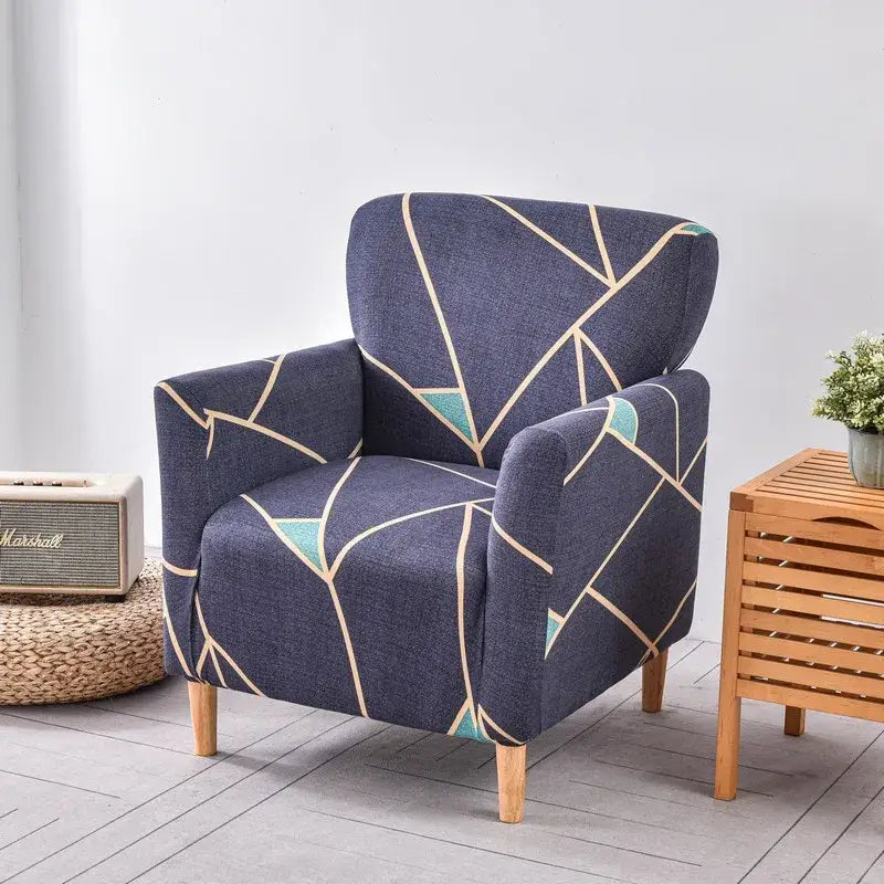 Navy blue DecorBites accent chair cover slipcovers with cream and teal geometric pattern in stretchy fabric