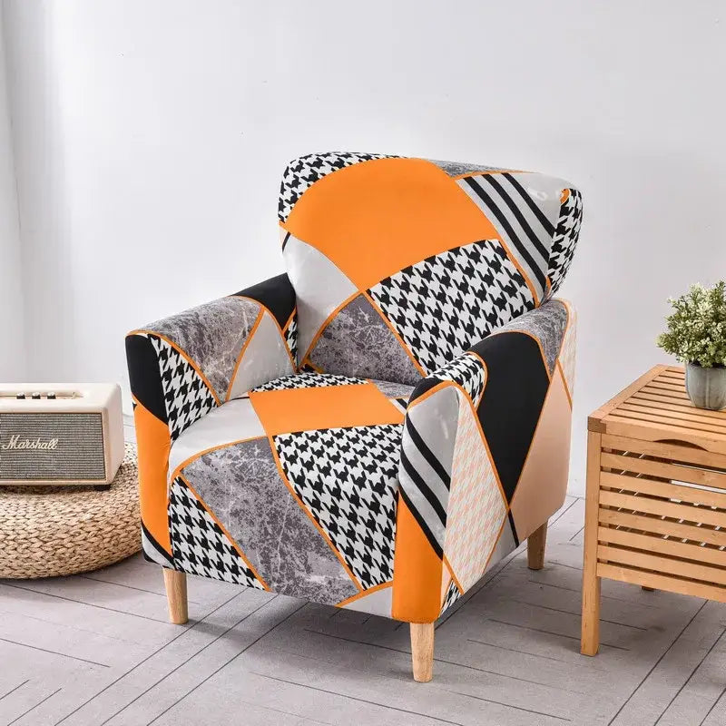 DecorBites accent chair cover slipcovers featuring vibrant orange black and white houndstooth with gray marbled accents