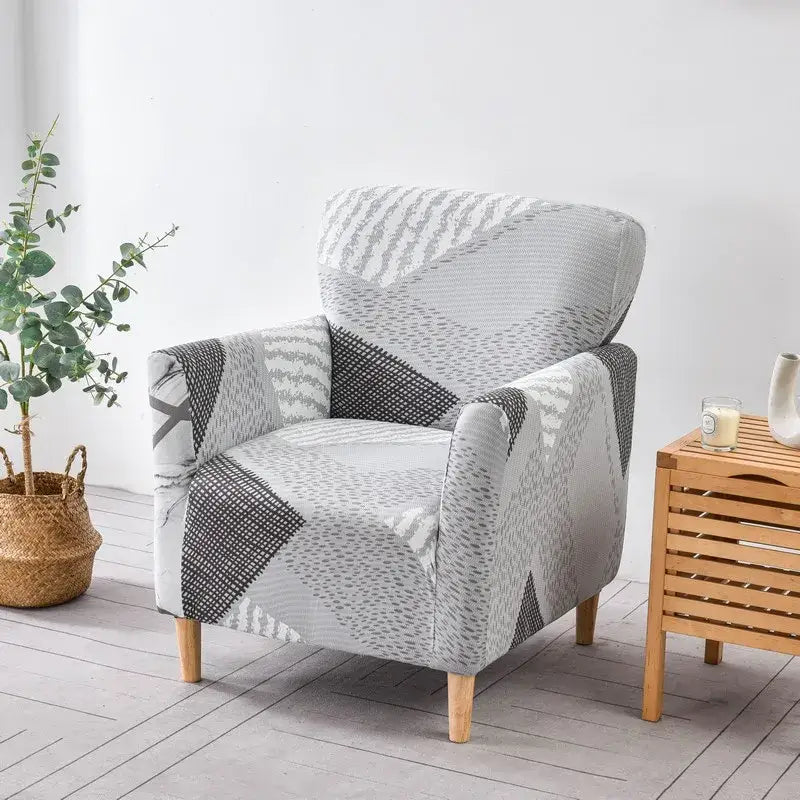 DecorBites™ gray and white geometric accent chair cover slipcovers made of stretchy fabric for accent chair protection