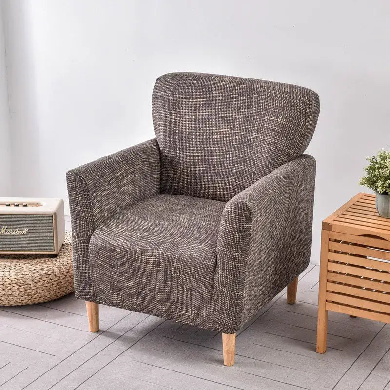 Brown textured fabric accent chair with light wood legs featuring decorbites accent chair cover slipcovers