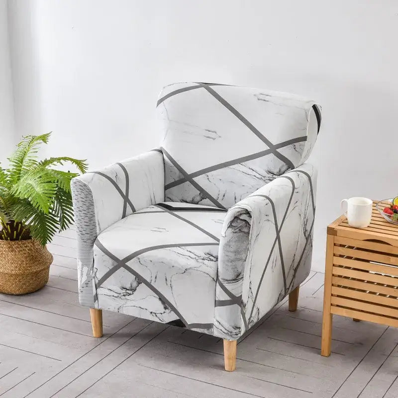 Decorbites™ stretch accent chair cover slipcovers in white with gray marble pattern fabric for sofa and chair protection