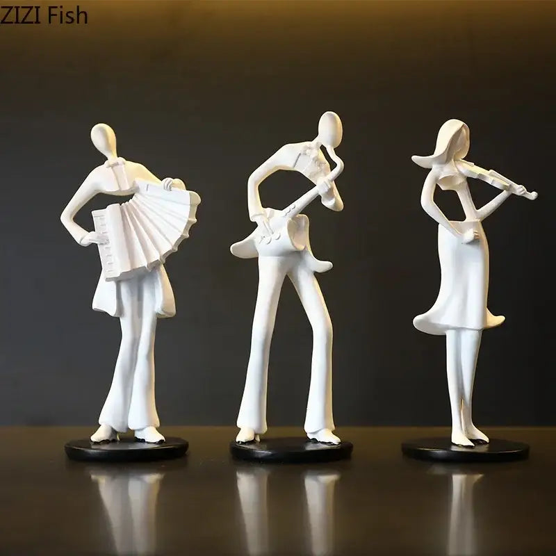 Set of three white resin figurines featuring stylized accordion musician resin sculptures for aesthetic room decor