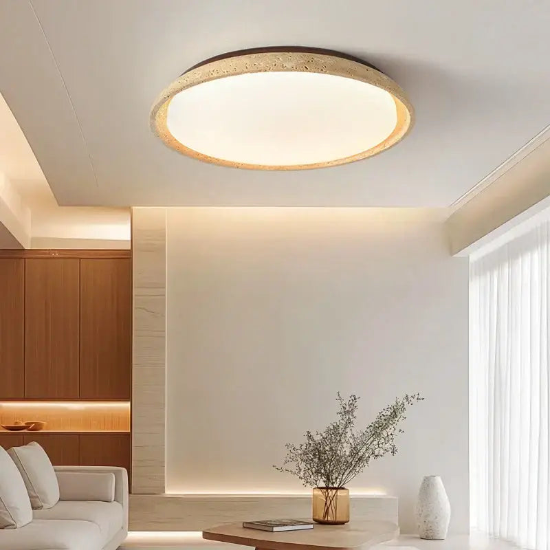Decorbites™ acryl travertine led ceiling light with textured wooden frame and soft white illuminated center in earthy tone