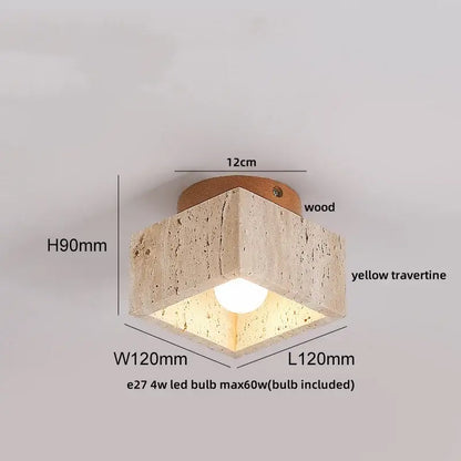 A modern hexagonal acryl travertine led ceiling light with textured yellow travertine body and wooden top