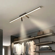 Modern minimalist DecorBites acrylic black strip led chandelier with sleek black metal frame and adjustable gold spotlights for indoor use