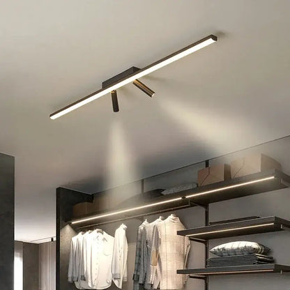 Modern minimalist DecorBites acrylic black strip led chandelier with sleek black metal frame and adjustable gold spotlights for indoor use