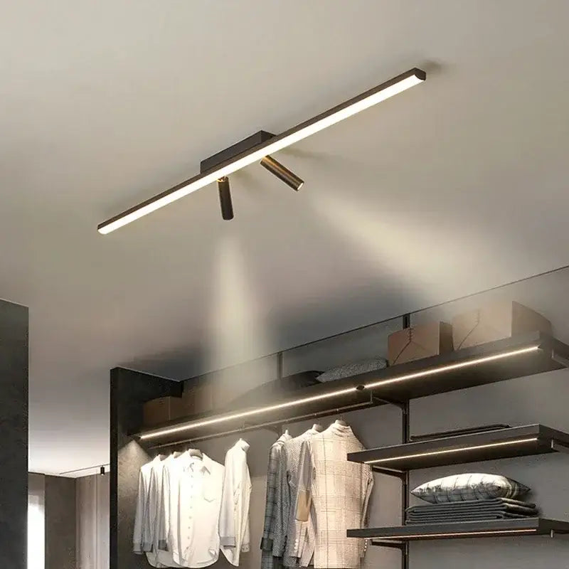 Modern minimalist DecorBites acrylic black strip led chandelier with sleek black metal frame and adjustable gold spotlights for indoor use