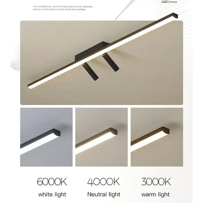 Decorbites acrylic black strip led chandelier with three adjustable led modules offering 6000k white 4000k neutral and 3000k warm lighting