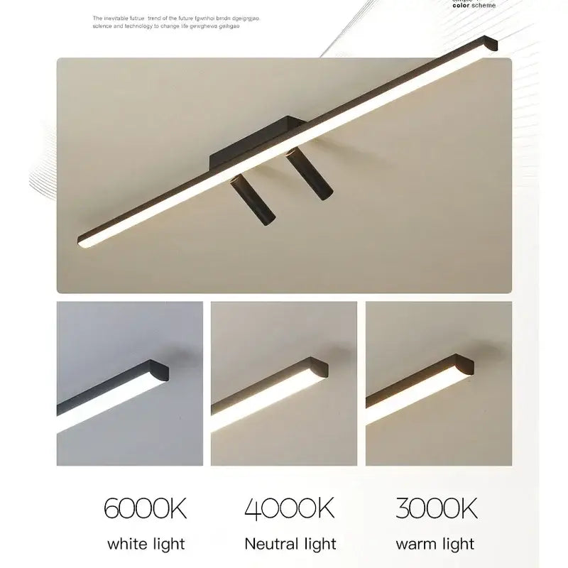 Decorbites acrylic black strip led chandelier with three adjustable led modules offering 6000k white 4000k neutral and 3000k warm lighting