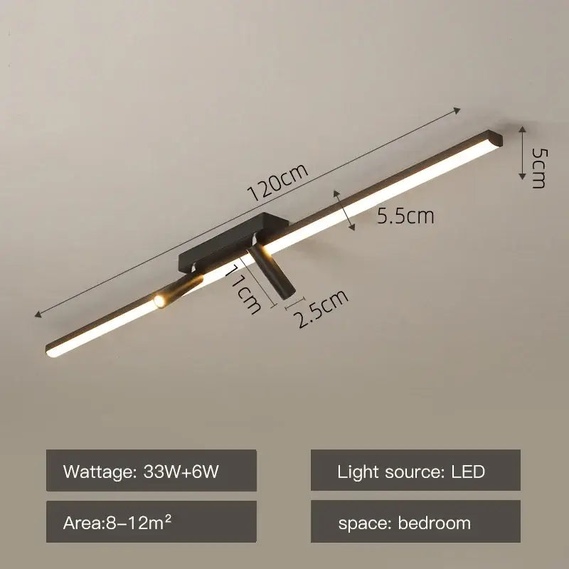 Modern black metal led ceiling light with sleek linear design and two adjustable spotlights in acrylic black strip for indoor use