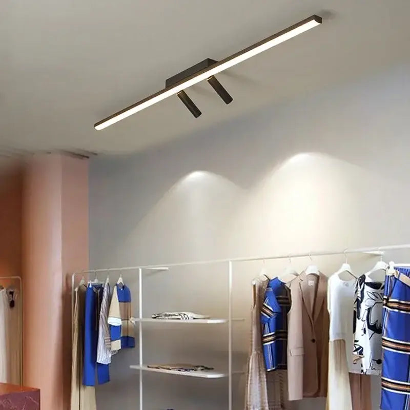 Modern minimalist acrylic black strip led chandelier with three adjustable black spotlights and bright white illumination