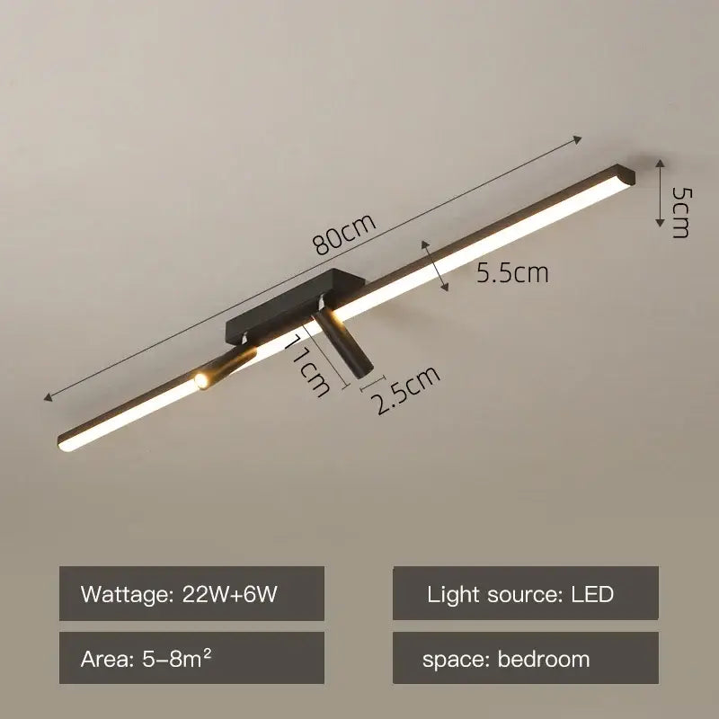 Modern black strip led ceiling light with acrylic black strip and integrated spotlights for indoor living dining room