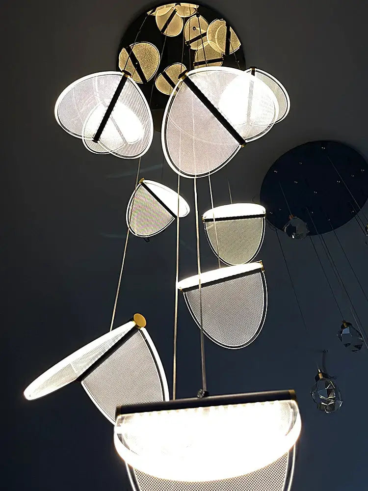 Modern metallic acrylic blade stair chandelier with illuminated semi-circular shades and black rods for cafe and villa ambiance