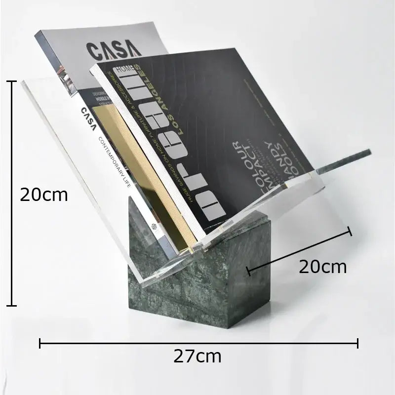 Decorbites™ acrylic bookshelf with a sleek transparent design and dark green marble base for modern home decor organization